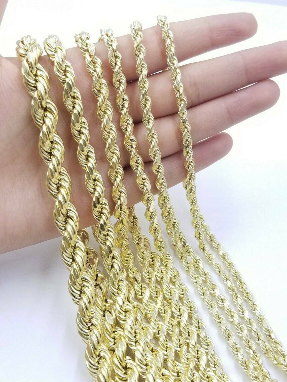Solid 10k Yellow Gold Rope Chain Pendant Necklace 4mm - 10mm Diamond Cut 18" - 30" - GoldenlinQ