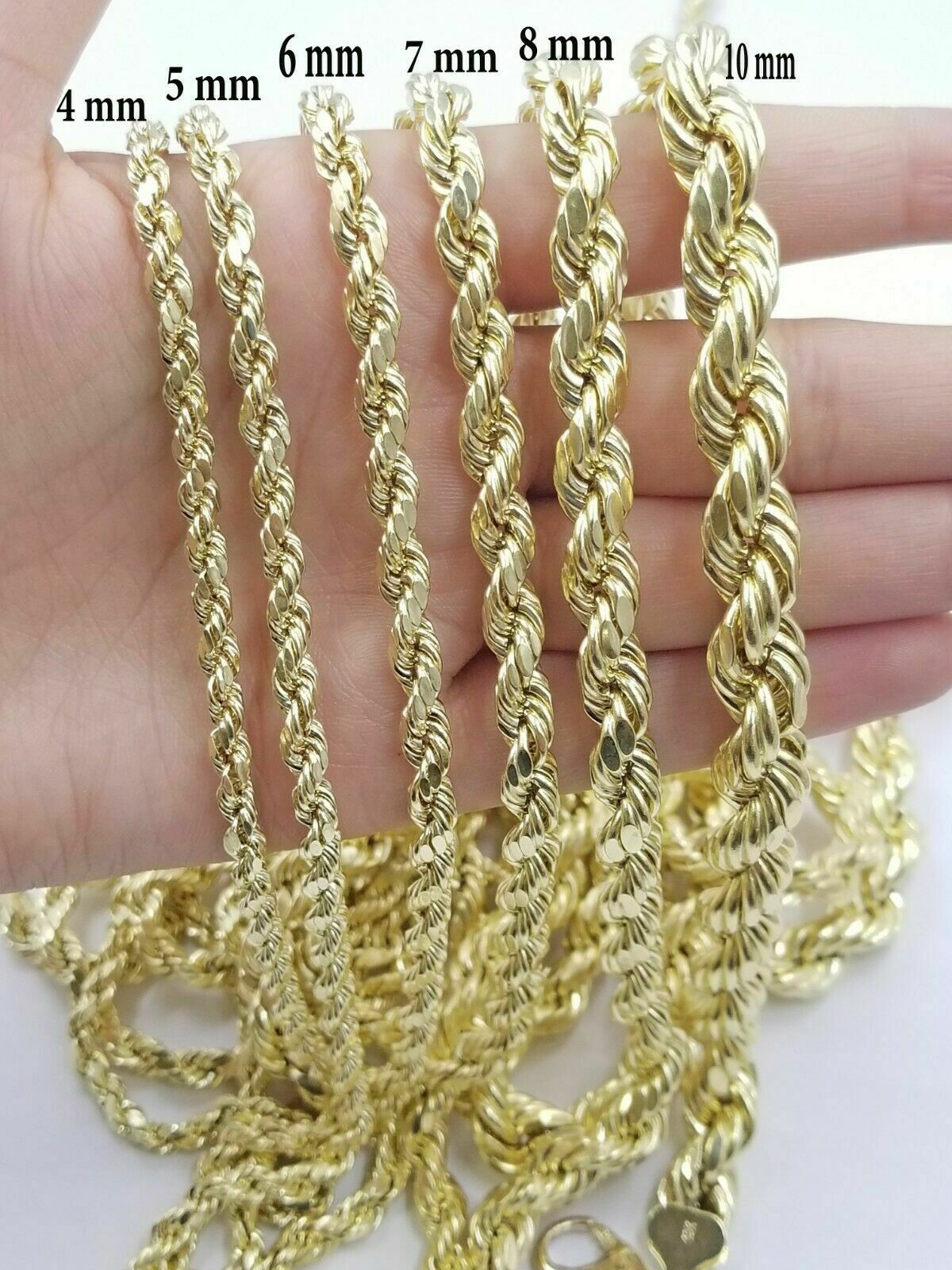 Solid 10k Yellow Gold Rope Chain Pendant Necklace 4mm - 10mm Diamond Cut 18" - 30" - GoldenlinQ