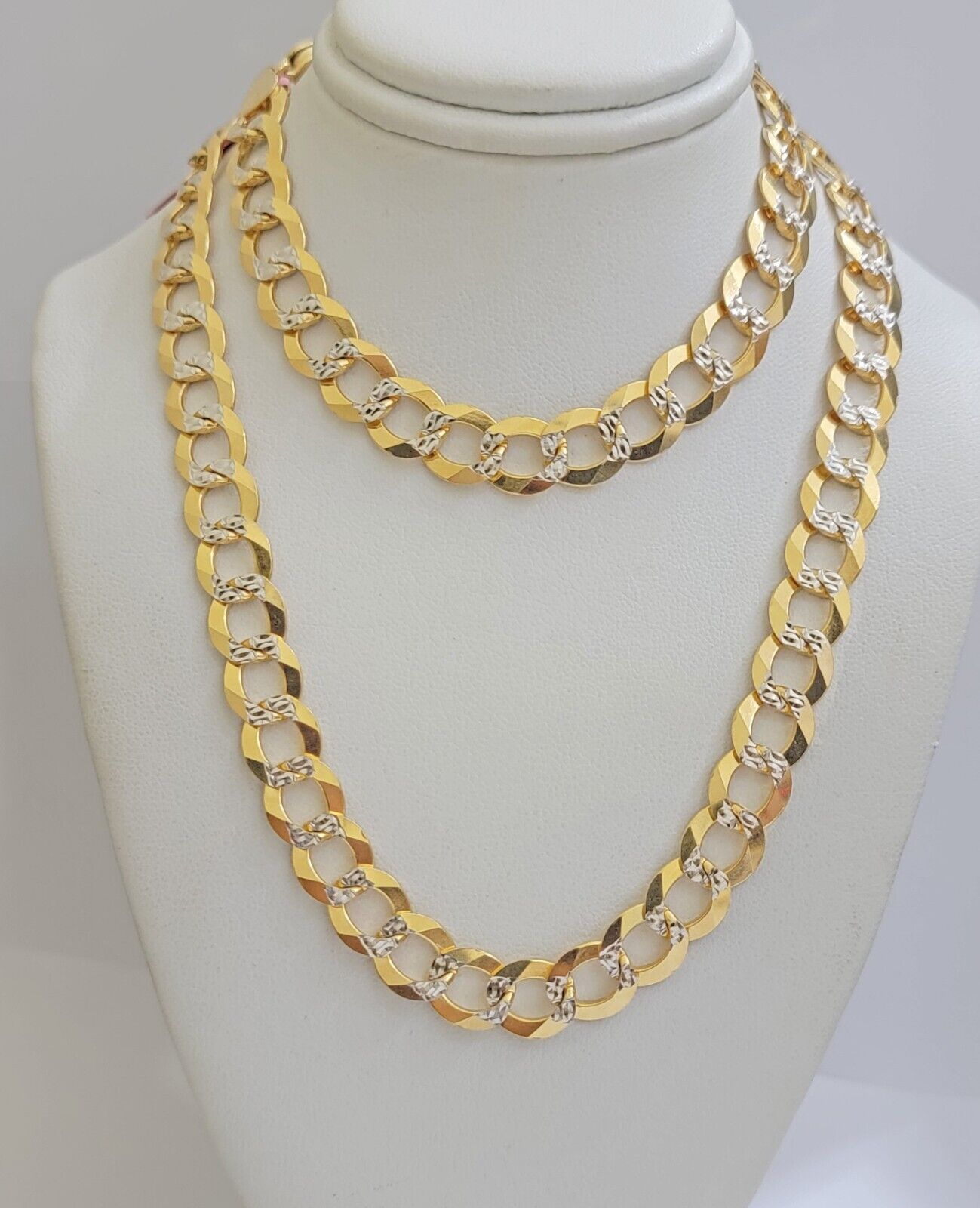 Solid 14k Gold Chain necklace Cuban Curb Link 9.5mm Two - Tone Diamond Cut 20 - 30" - GoldenlinQ