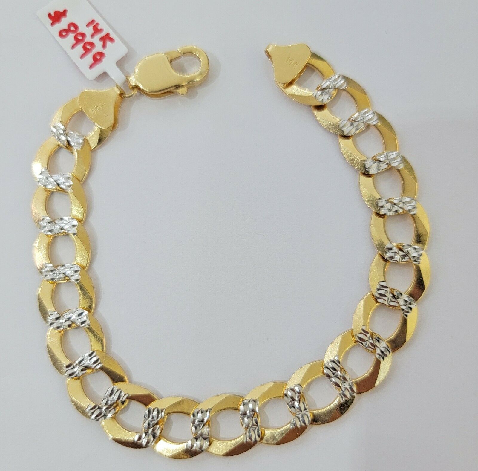 Solid 14k Gold Cuban Curb link Bracelet 9" 13.5mm 14kt Yellow Gold Diamond Cut - GoldenlinQ