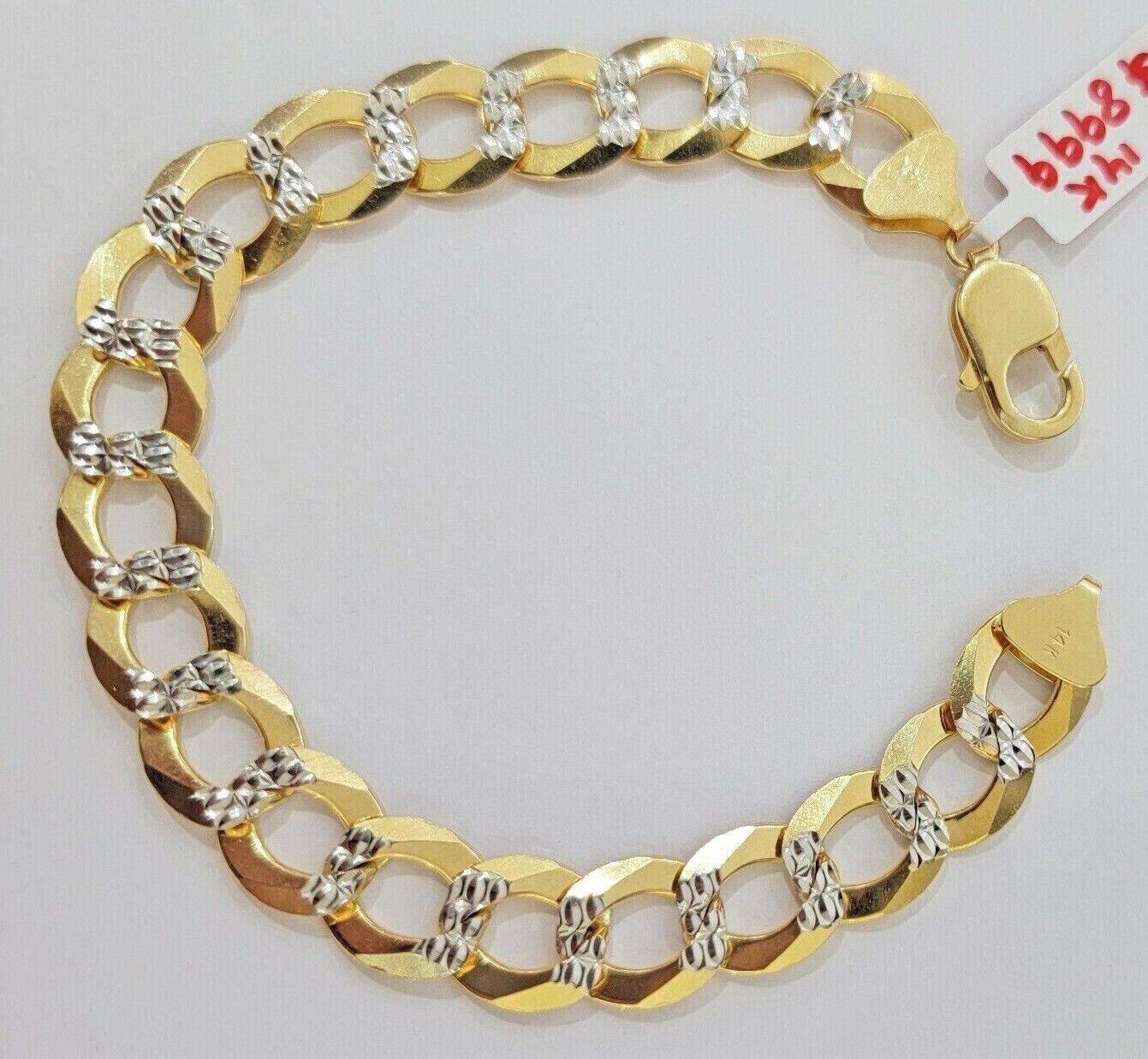 Solid 14k Gold Cuban Curb link Bracelet 9 Inch 13.5mm Two - Tone Diamond Cut Heavy - GoldenlinQ