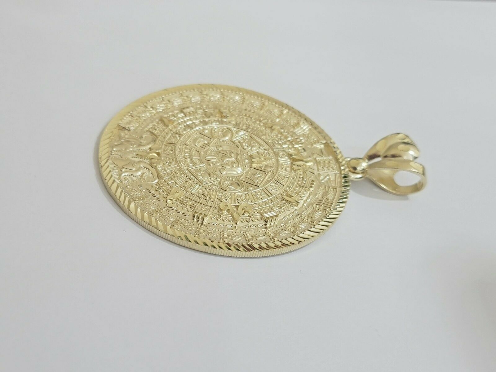 SOLID Real 10kt Yellow Gold Pendant Aztec Mayan Calendar 2.5" Men's Round Charm - GoldenlinQ