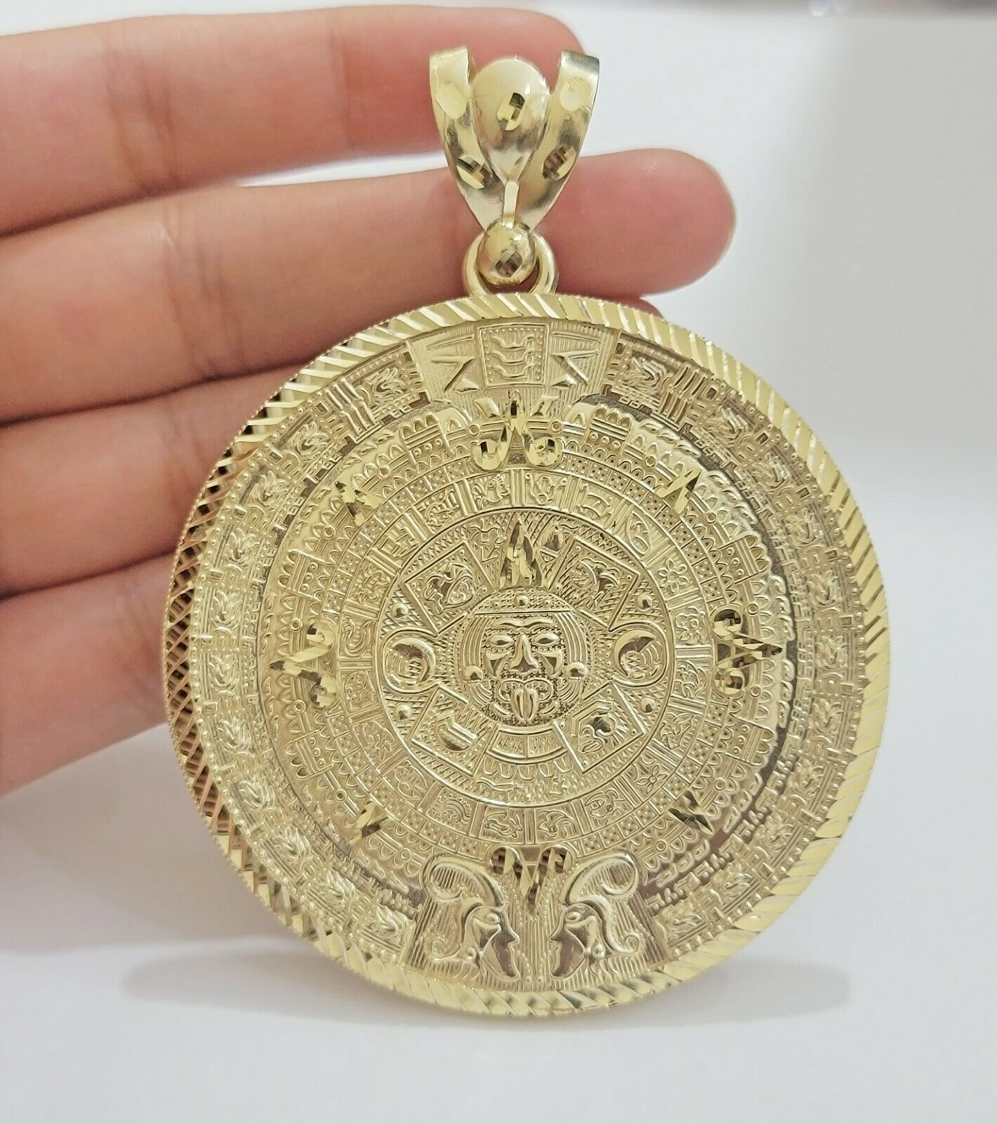SOLID Real 10kt Yellow Gold Pendant Aztec Mayan Calendar 2.5" Men's Round Charm - GoldenlinQ