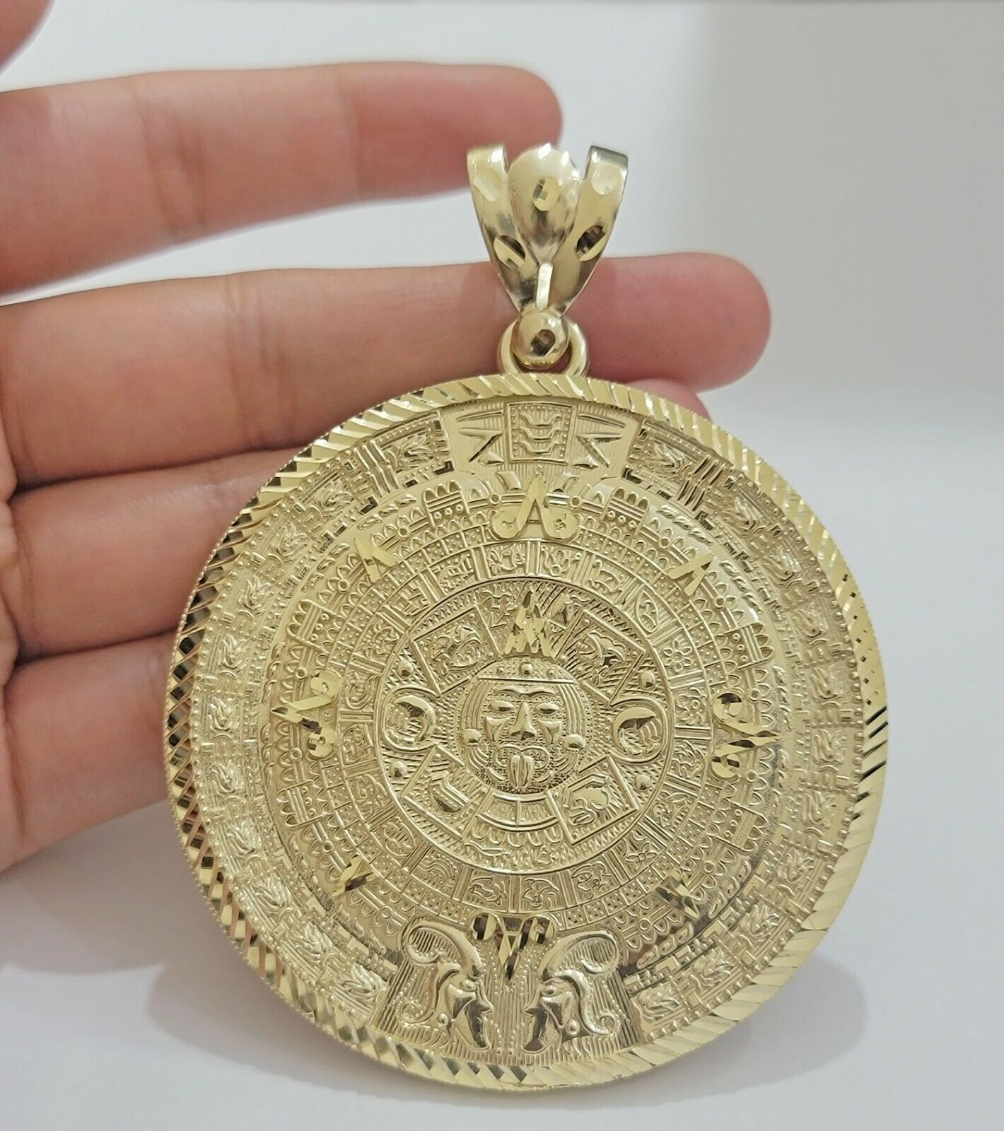 SOLID Real 10kt Yellow Gold Pendant Aztec Mayan Calendar 3" Men Charm 41 - 44 Gram - GoldenlinQ