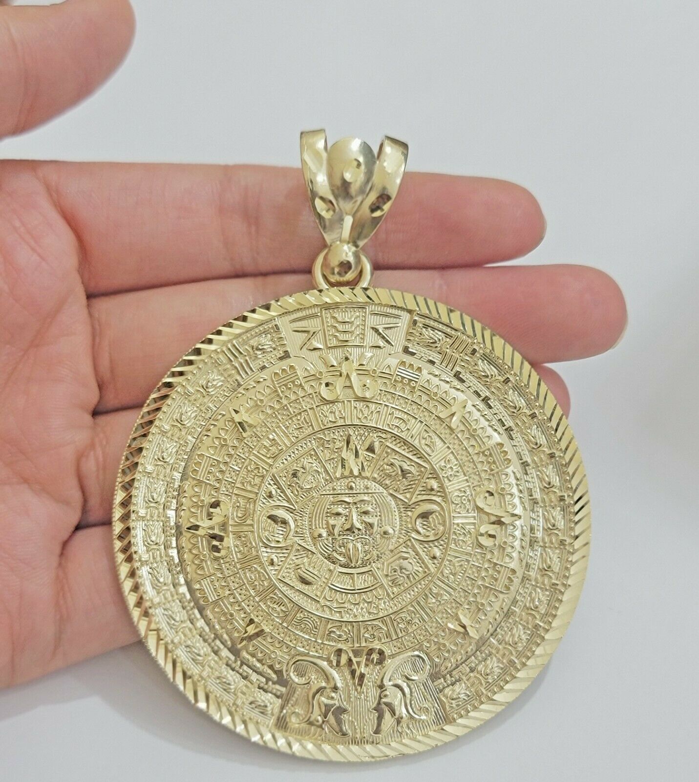 SOLID Real 10kt Yellow Gold Pendant Aztec Mayan Calendar 3" Men Charm 41 - 44 Gram - GoldenlinQ
