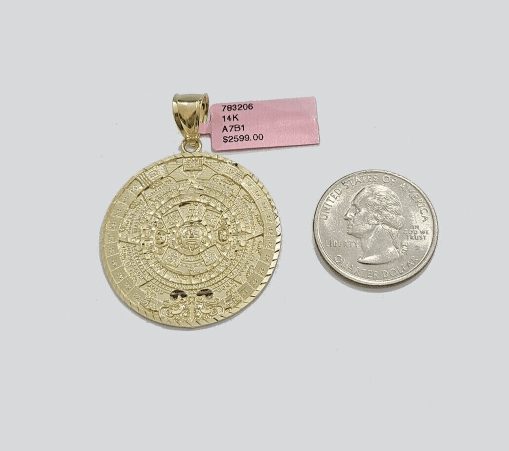 SOLID Real 14k Gold Charm Pendant Aztec Mayan Calendar 2" Men's Round Style 14k - GoldenlinQ