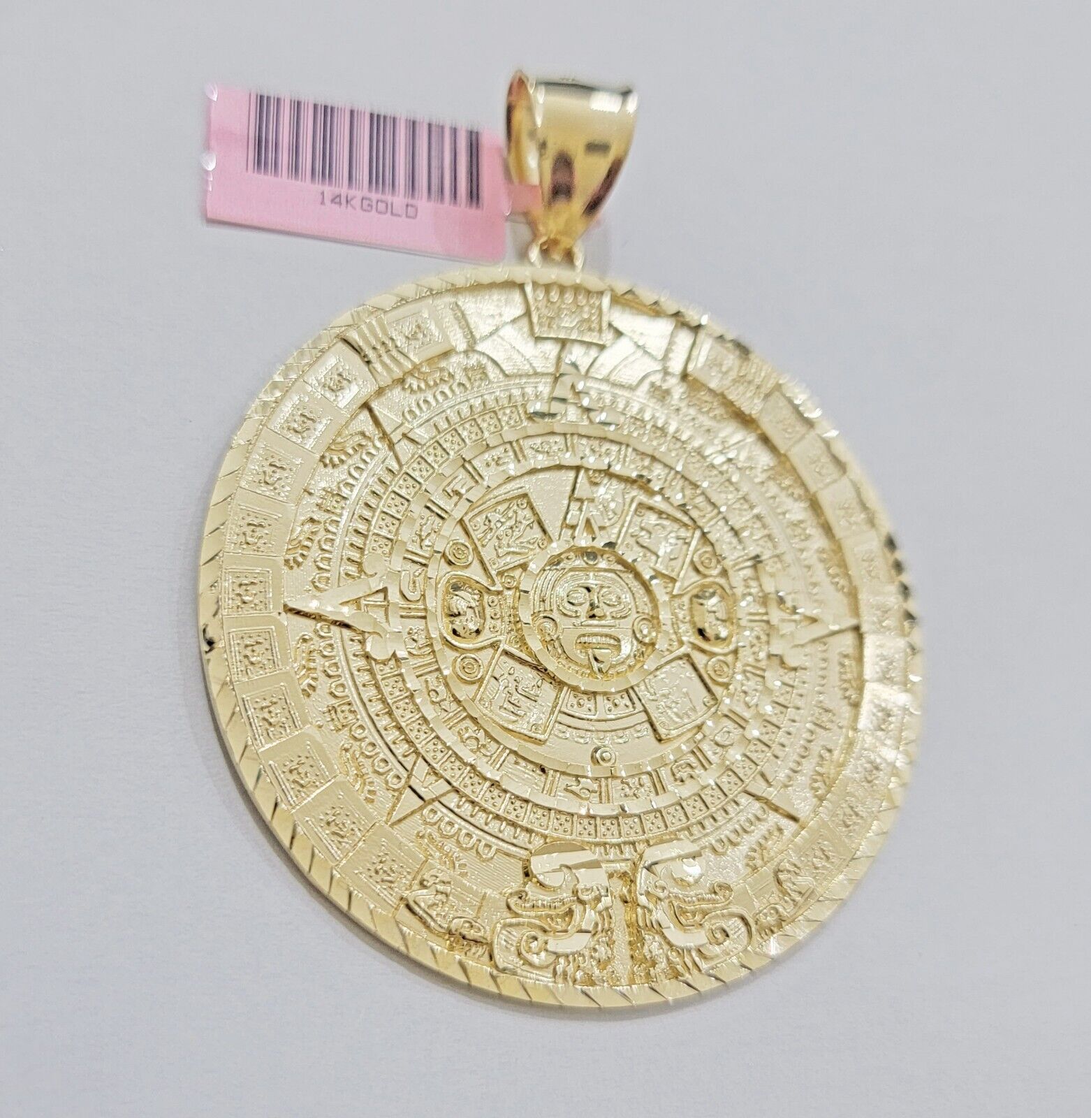 SOLID Real 14kt Yellow Gold Pendant Aztec Mayan Calendar 2.5" Men's Round Charm - GoldenlinQ