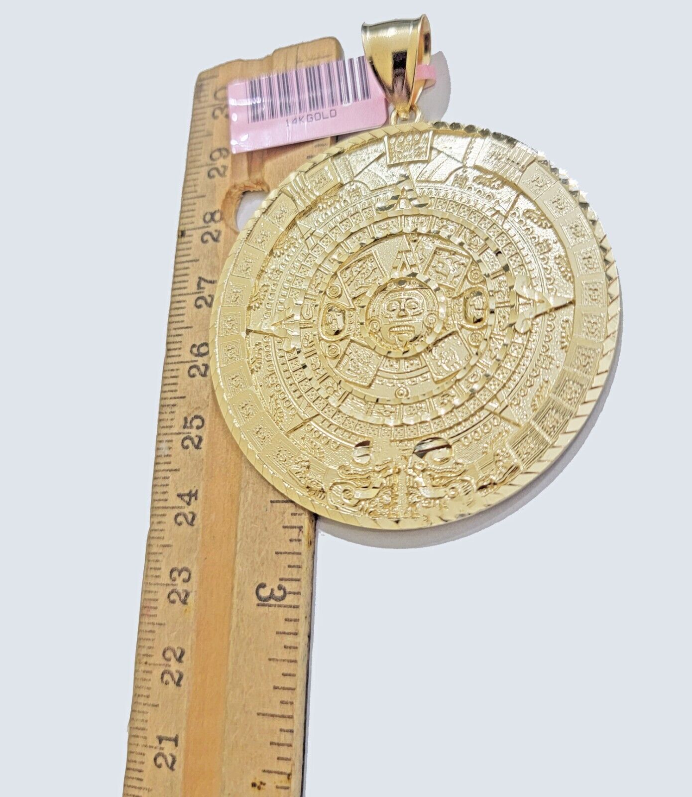 SOLID Real 14kt Yellow Gold Pendant Aztec Mayan Calendar 2.5" Men's Round Charm - GoldenlinQ