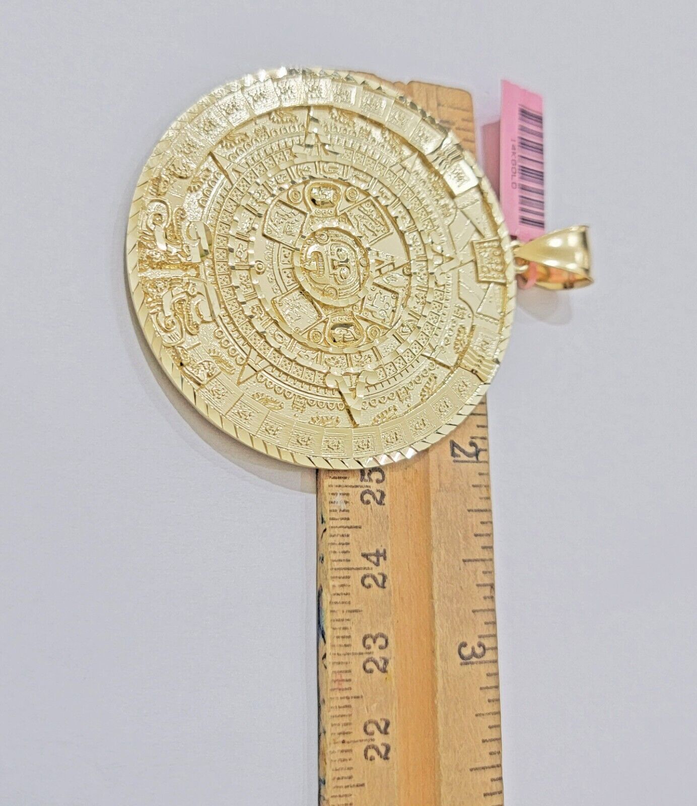SOLID Real 14kt Yellow Gold Pendant Aztec Mayan Calendar 3.2" Men's Round Charm - GoldenlinQ