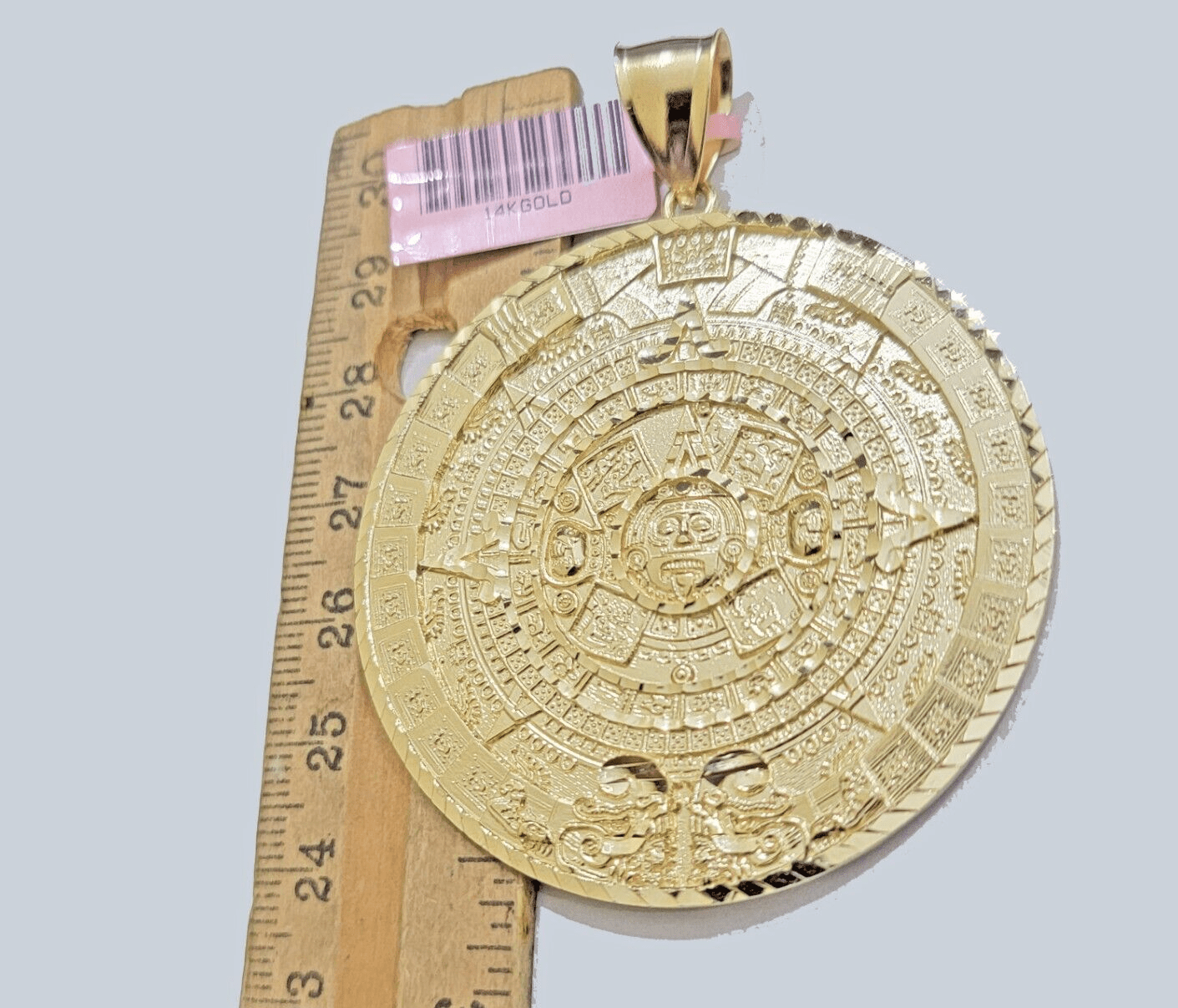 SOLID Real 14kt Yellow Gold Pendant Aztec Mayan Calendar 3.2" Men's Round Charm - GoldenlinQ