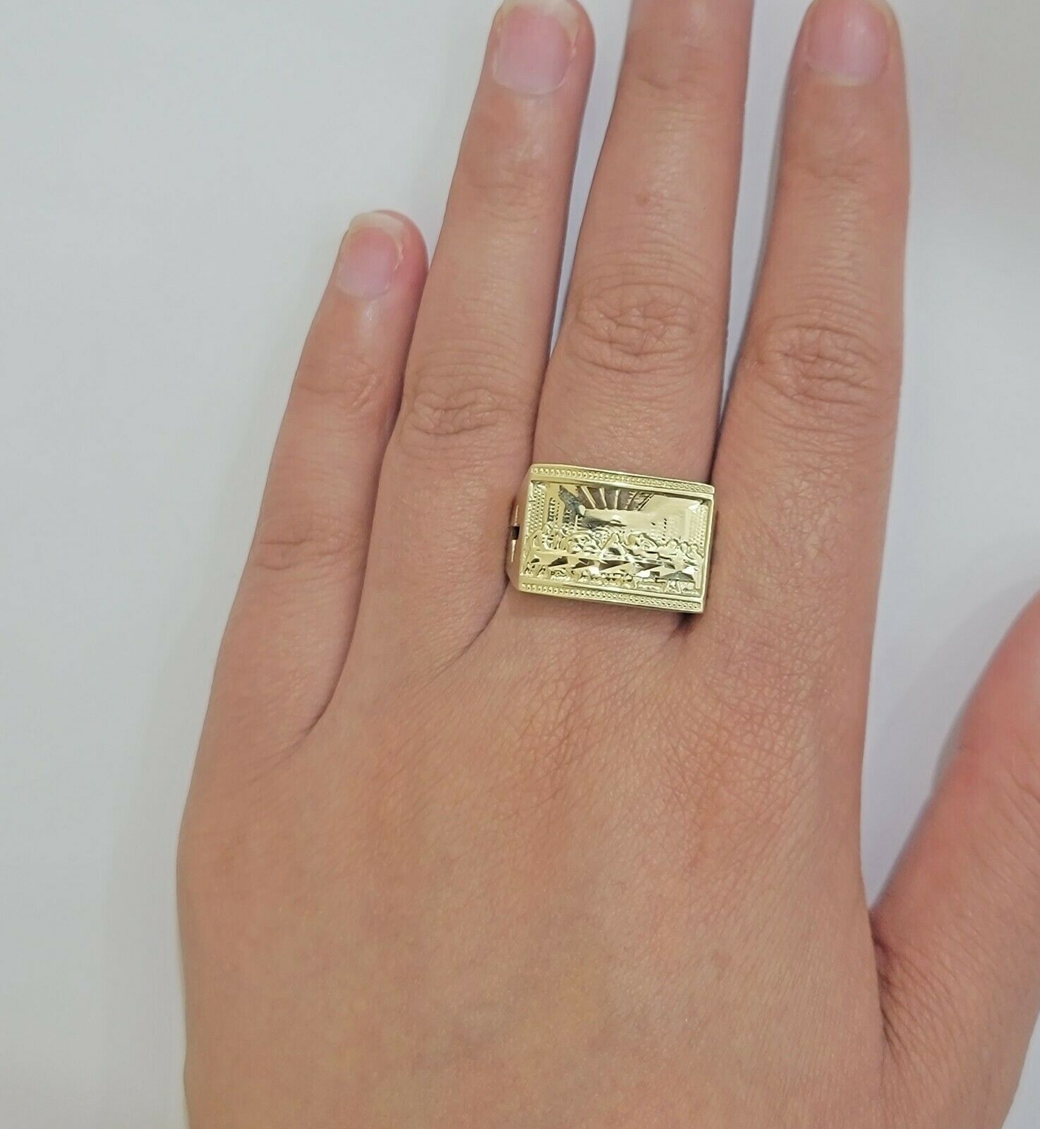 Solid Real Gold Men's Ring Last Supper 10k Yellow Gold Casual,Pinky, Square,10kt - GoldenlinQ