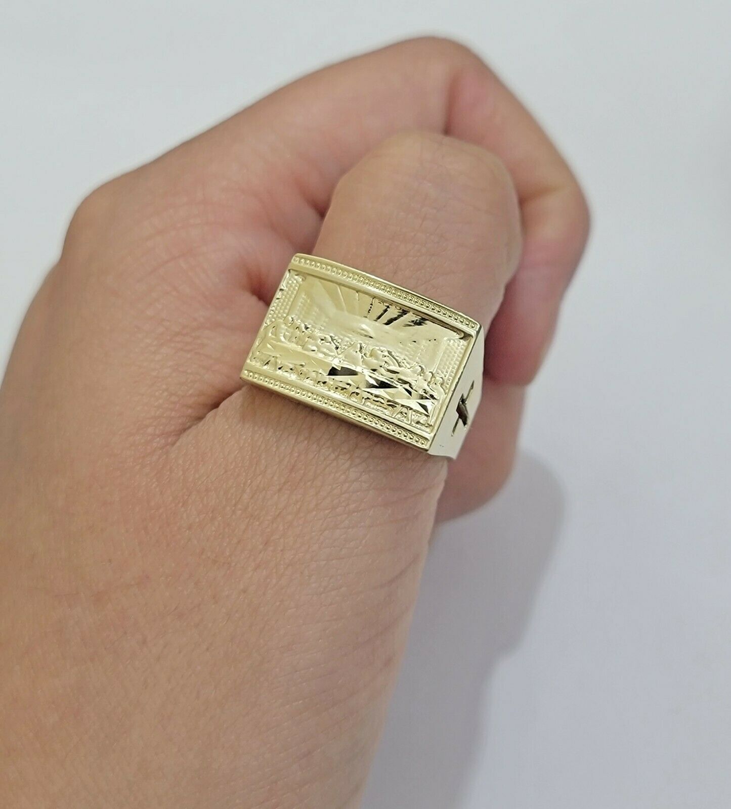 Solid Real Gold Men's Ring Last Supper 10k Yellow Gold Casual,Pinky, Square,10kt - GoldenlinQ
