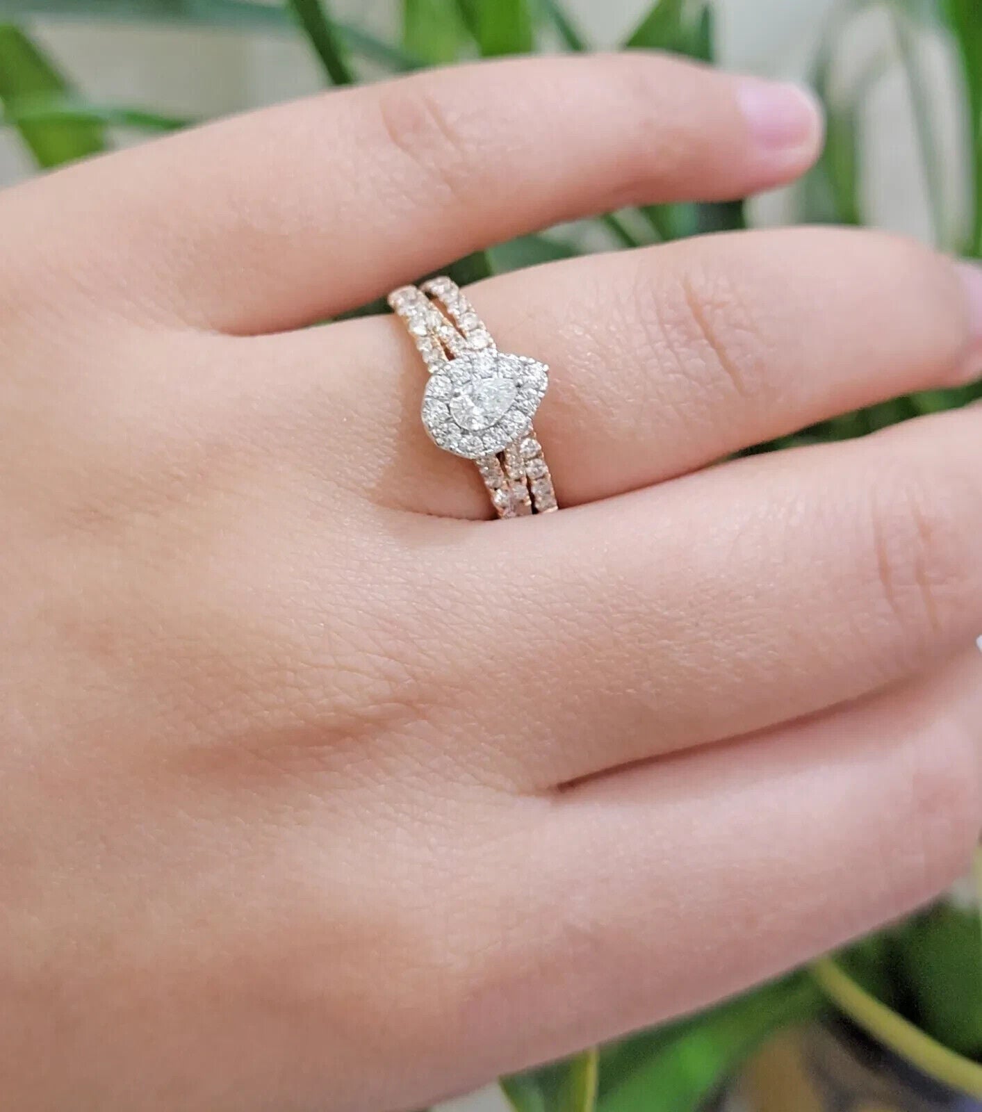 Tear Drop / Pear shape Ladies Diamond Ring GENUINE 1CT Diamond 14k Rose Gold SET - GoldenlinQ