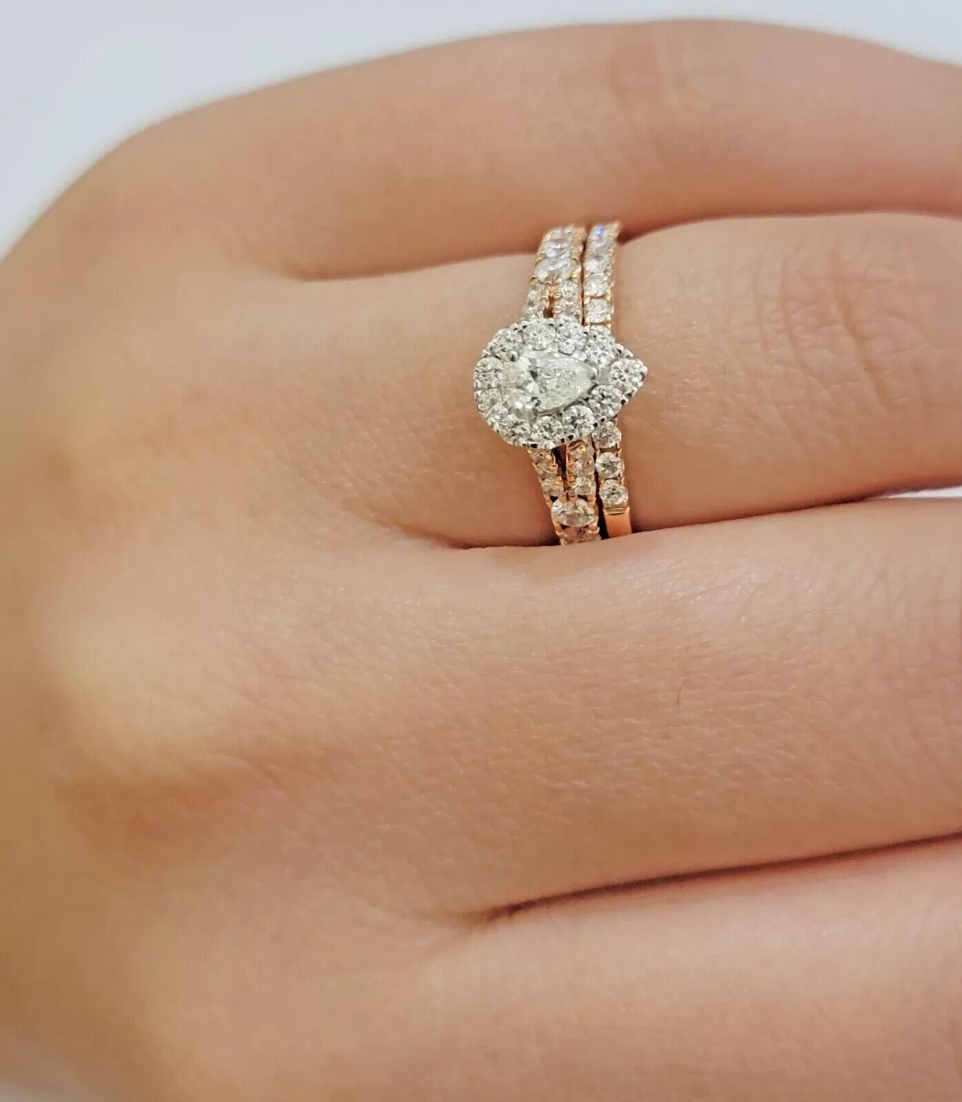 Tear Drop / Pear shape Ladies Diamond Ring GENUINE 1CT Diamond 14k Rose Gold SET - GoldenlinQ